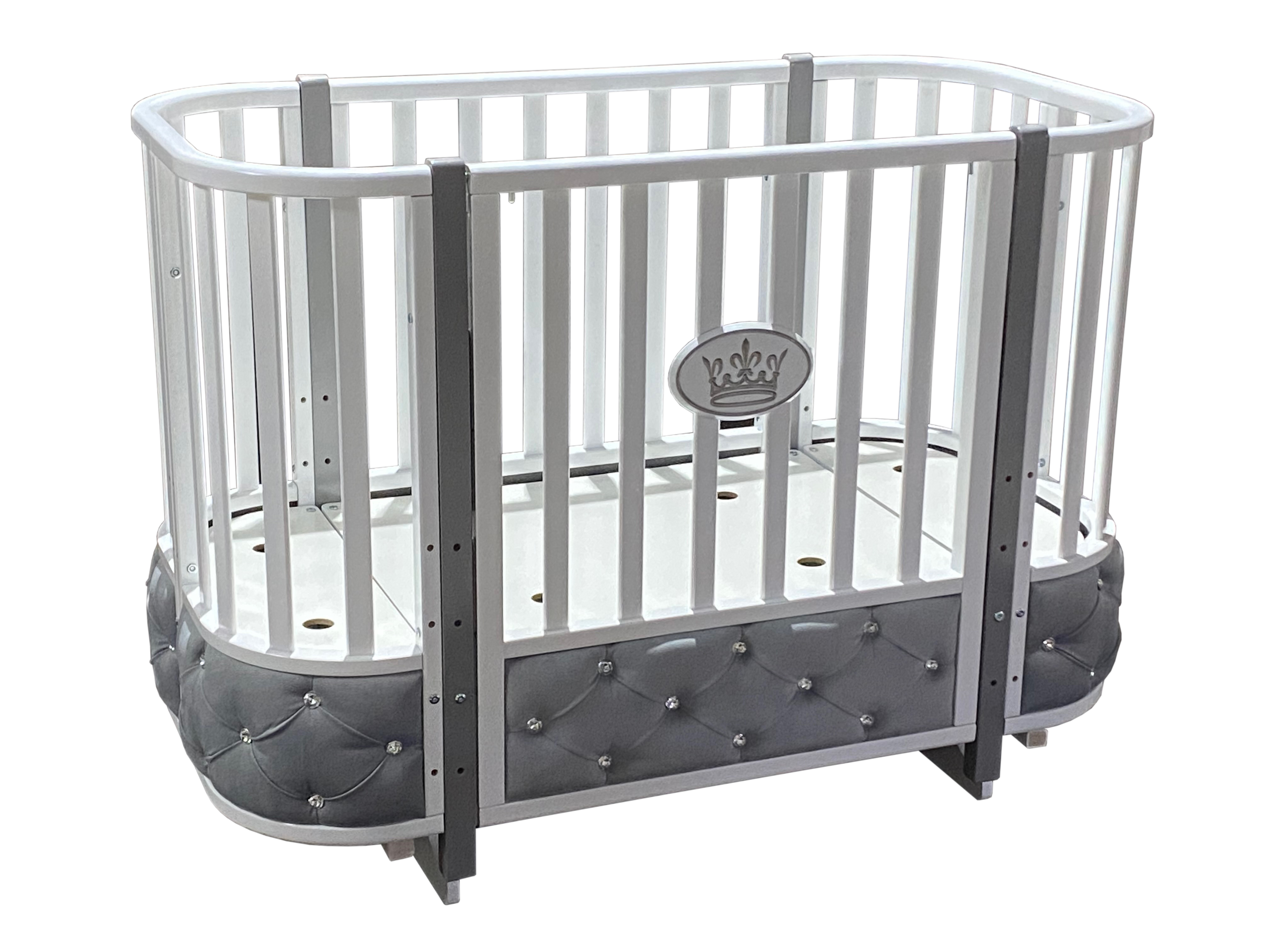 Кровать детская Есения 2 с мягкой вставкой из велюра, опускающаяся стенка, поперечный маятник + колеса.